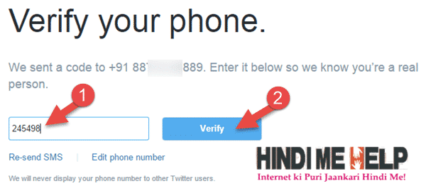 mobile number ko verify karne ke liye twitter se aaya code dale