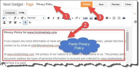 Privecy policy ko page karke publish karde page ko