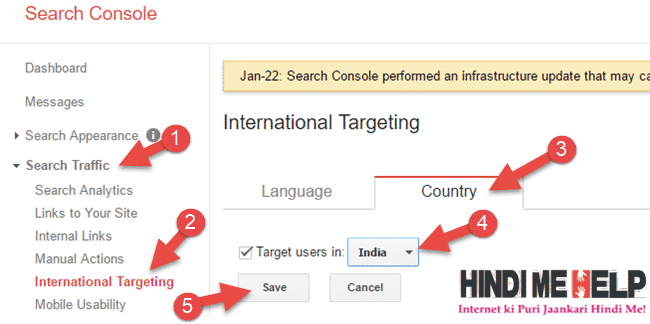 target country select kare website ke liye search console me.